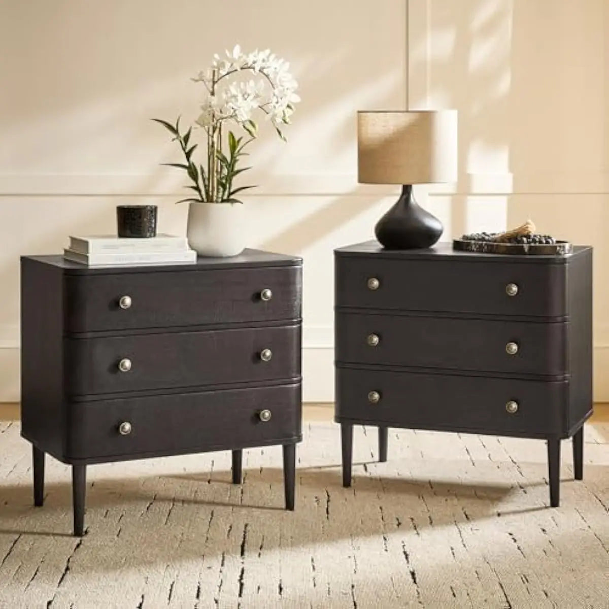 3-Drawer Curved End Table Set with Built-in Outlet & Adjustable Feet – Walnut Finish Solid Wood Construction – Modern Living Roo