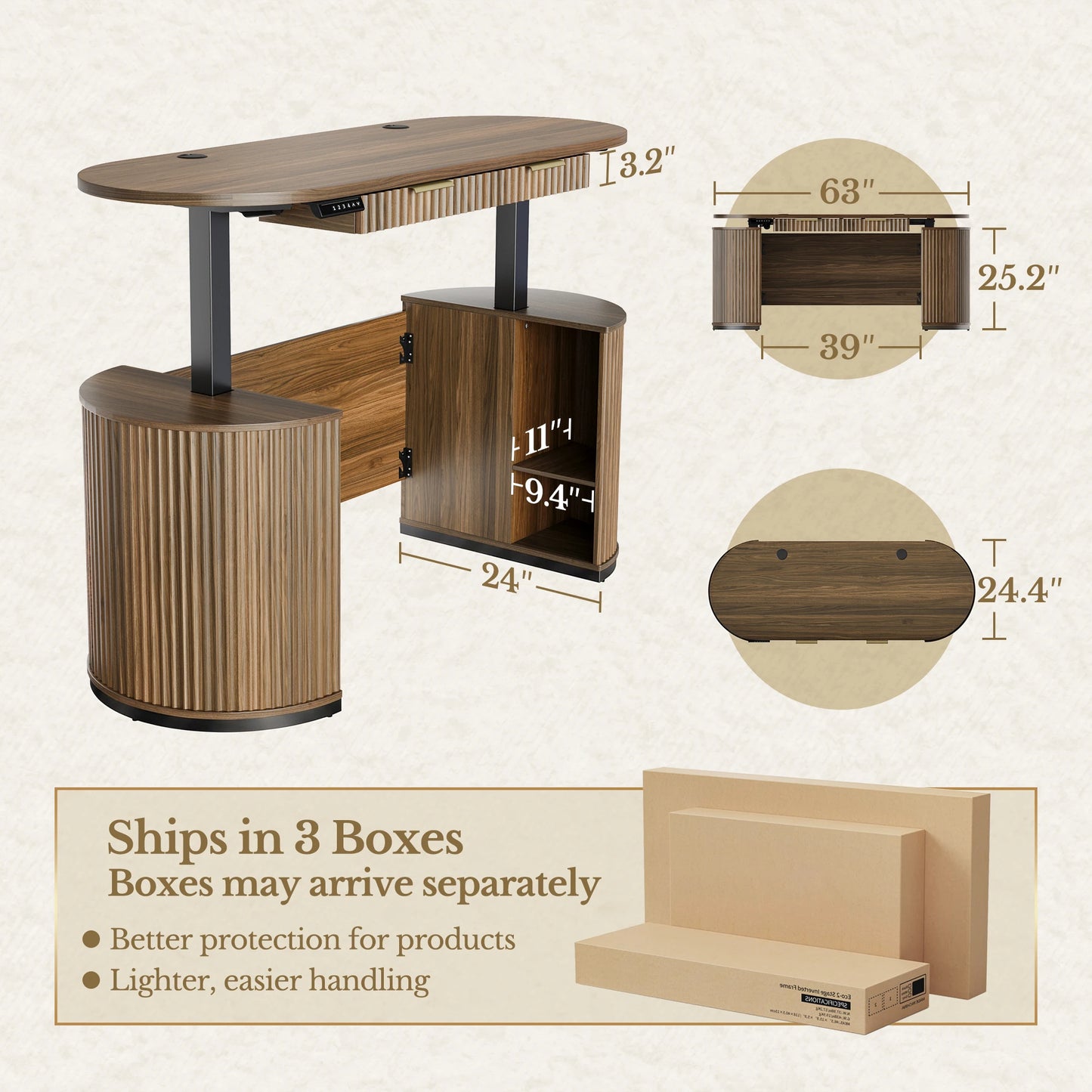 Electric Standing Desk with Storage Drawers, 63'' Executive Height Adjustable Desk with Privacy Panel and Shelves, Wood Fluted Computer Desk for Home Office