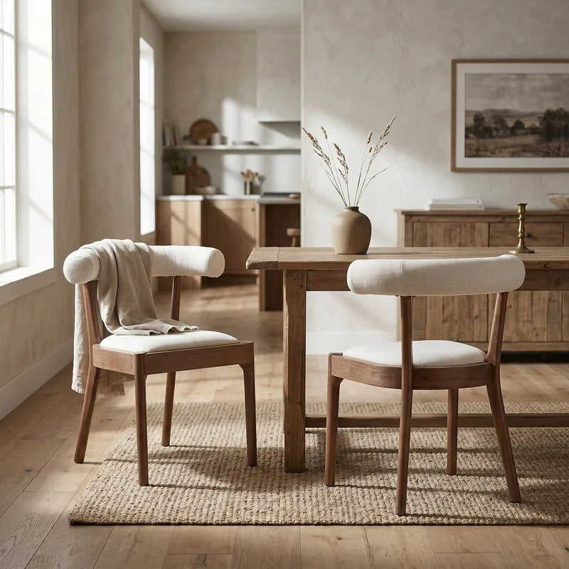 Set of 2 Linen Dining Room Side Chairs with Curved Open Upholstered Back,White