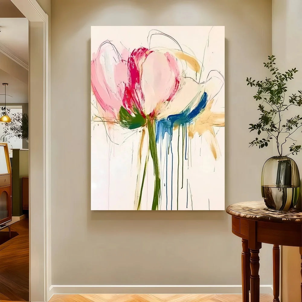 Framed 2D Flat S Colorful Abstract Floral Wall Art With Wooden Frame - Canvas, Pink, Blue, And Green Flower Designs For Bedroom,