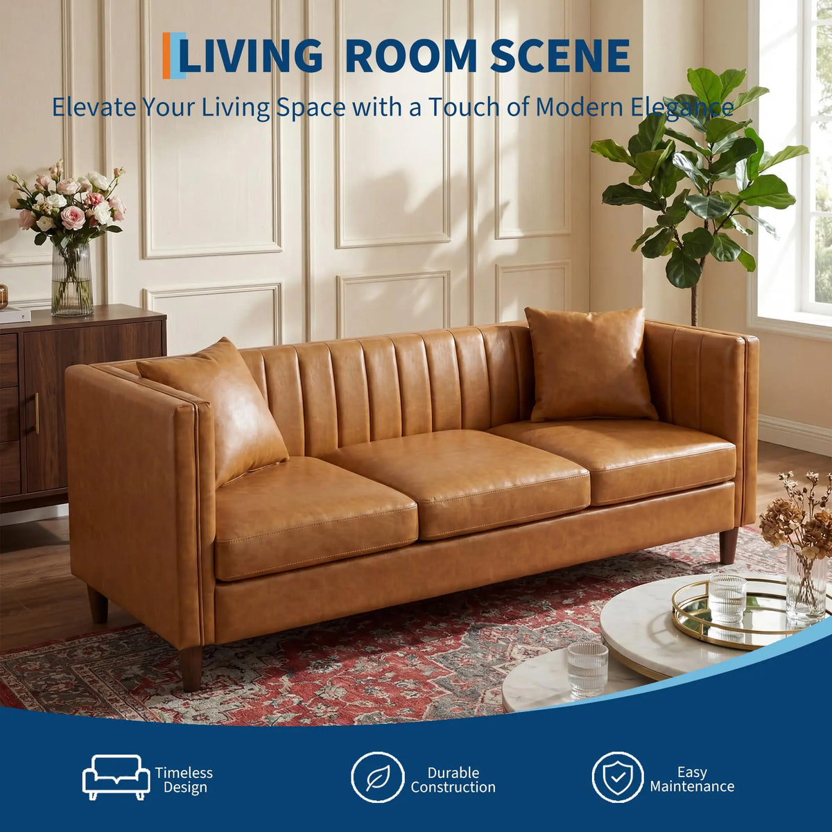 HiMISS Mid Century Modern Three Seat Faux Leather Sofa