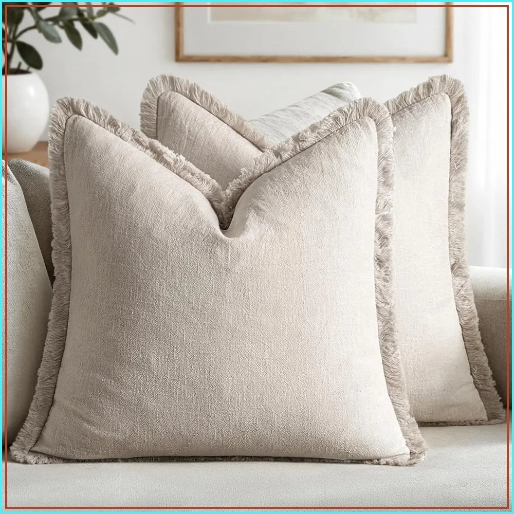 Set of 2 Boho Farmhouse Throw Pillow Covers 20x20 Linen Fringe Neutral Beige