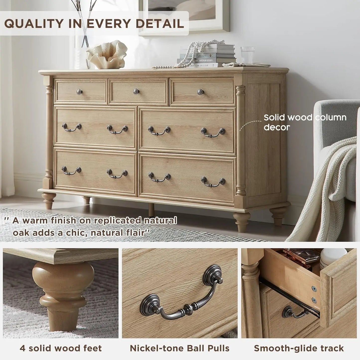 7 Drawer Tall Rustic Solid Wood Dresser with Storage & Feet for Bedroom Living Room, Customized