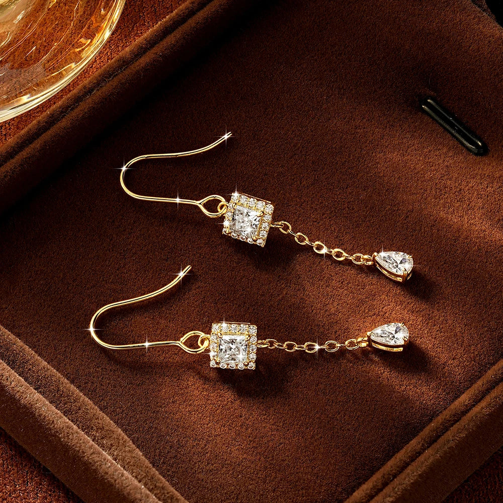 OXTAO Princess Cut Moissanite Geometric Stud Earrings 3.5x3.5mm  D VVS1 for Women Long Tassel Drop Earrings Women's Jewelry Gift