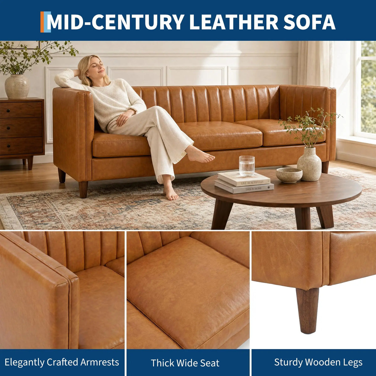 HiMISS Mid Century Modern Three Seat Faux Leather Sofa