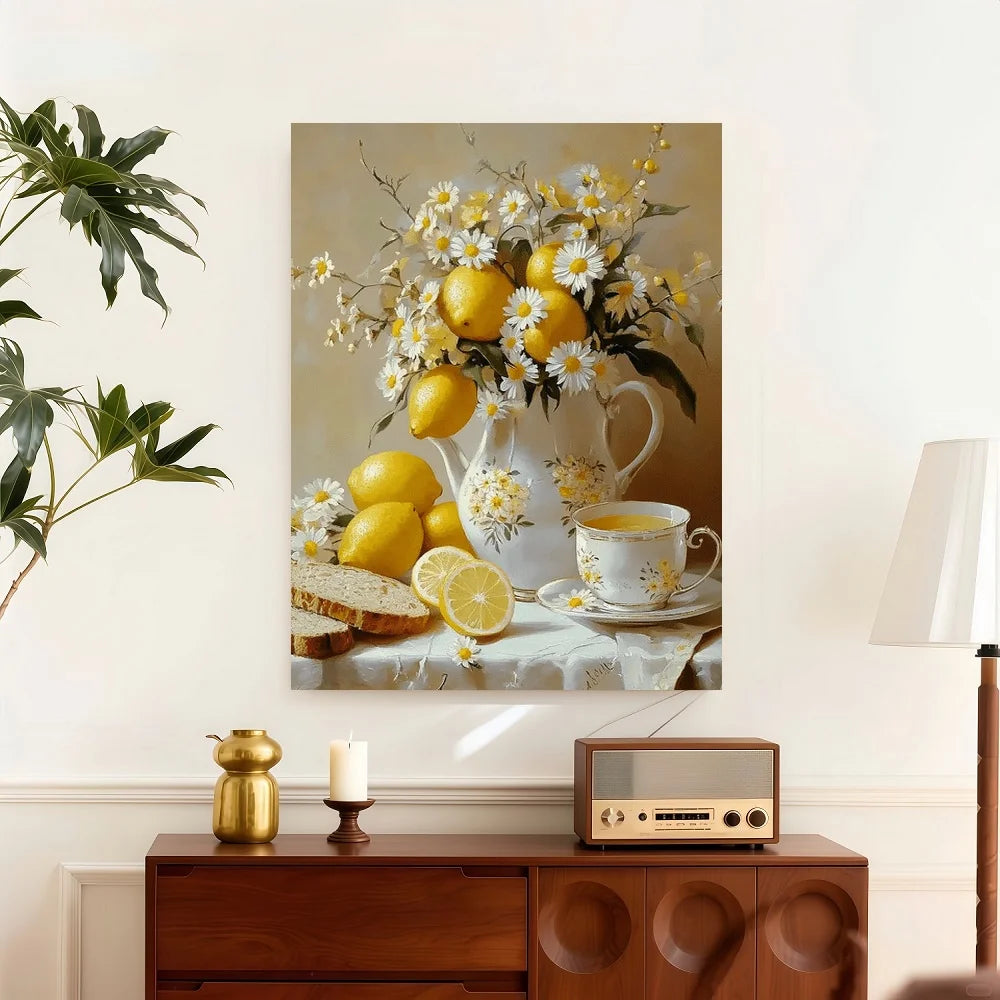 Vintage Framed Floral Wall Art Featuring Lemons and Vase