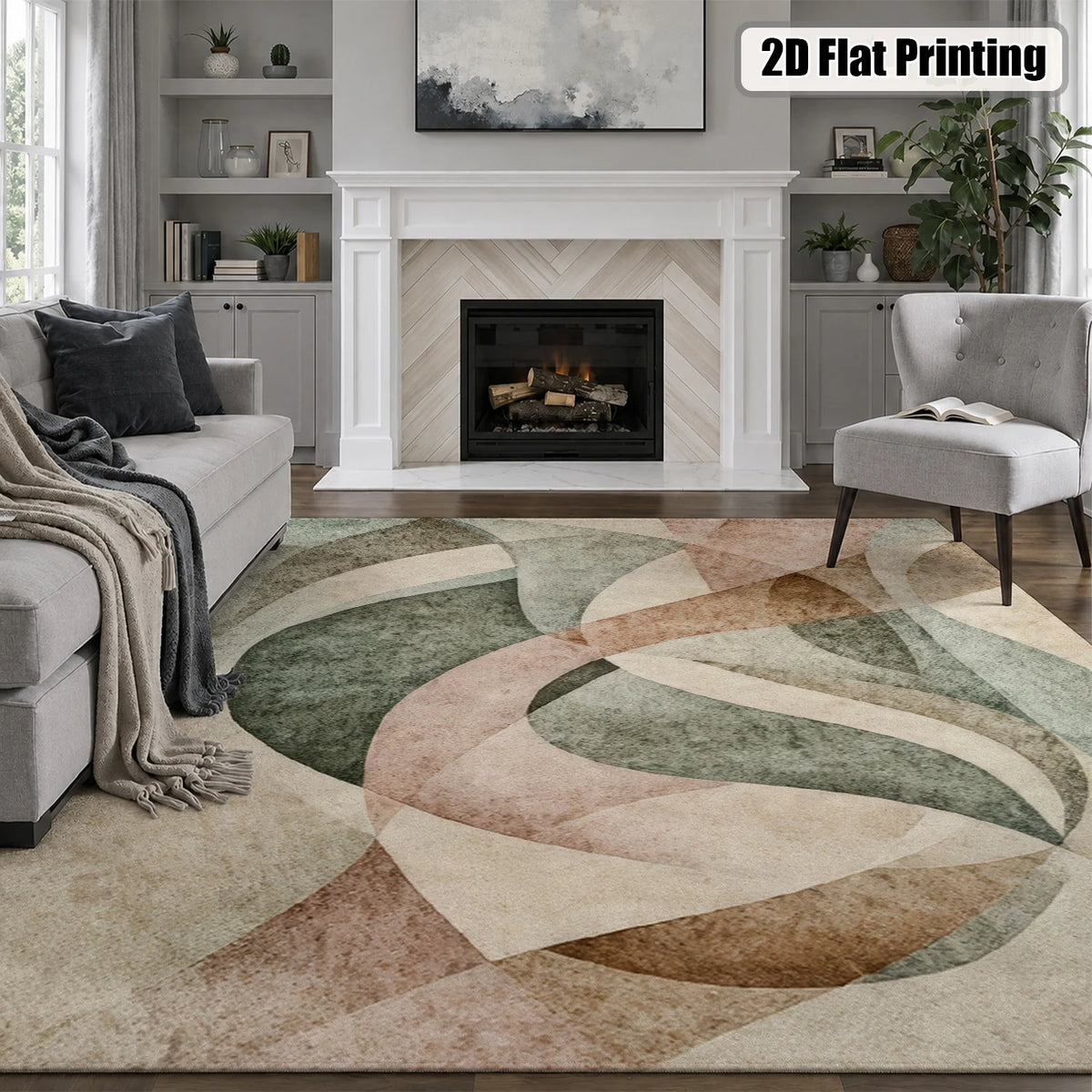 Large Indoor Area Rug, Soft Velvet Low Pile Non-Slip Dotted Backing Machine Washable, Modern Abstract Curved Pattern Rug for Living Room Bedroom, Muted Sage Blush Beige Earth Tones