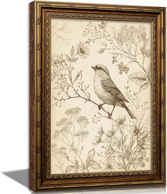 Vintage Bird Canvas Wall Art Sparrow Painting For Living Room