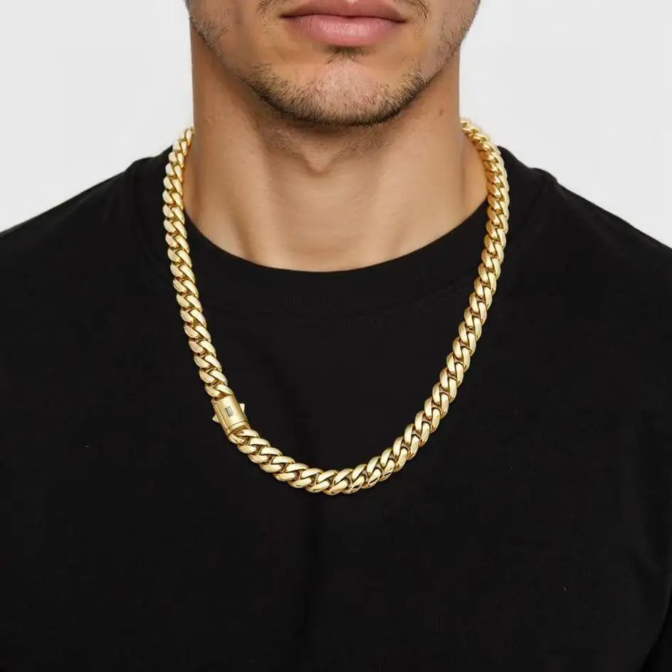8-14MM Black S Clasp 14K Gold Cuban Link Chain Necklace for Men Chunky Hip Hop Jewelry Stainless Steel Rope Chain