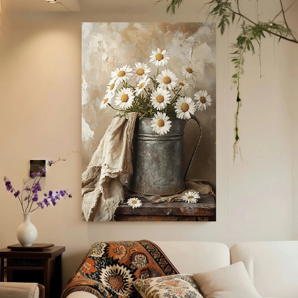 Framed Canvas Print Vintage Daisies In Distressed Metal Can
