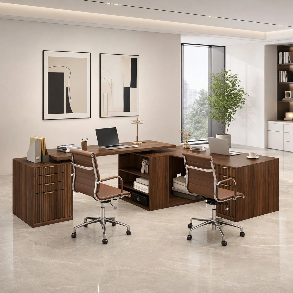 L Shaped Electric Standing Desk, 81'' x 68" Executive Height Adjustable Desk with Drawers and File Cabinet, AC/USB, Fluted Computer Desk with Storage Shelves for Home Office