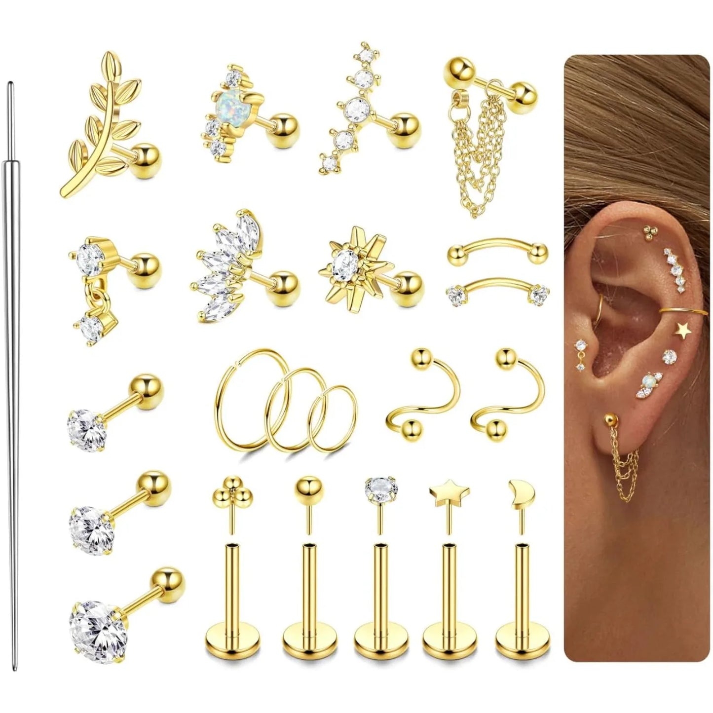 22Pcs 16G Cartilage Earrings for Women-Surgical Stainless Steel Earring Set Flat Back Earrings Nose Studs Helix Piercing Jewelry