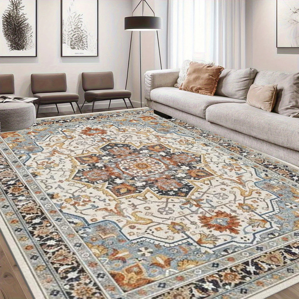 Traditional Oriental Medallion Area Rug Retro Floral Pattern Floor Carpet for Living Room Bedroom Study Room Home Decor