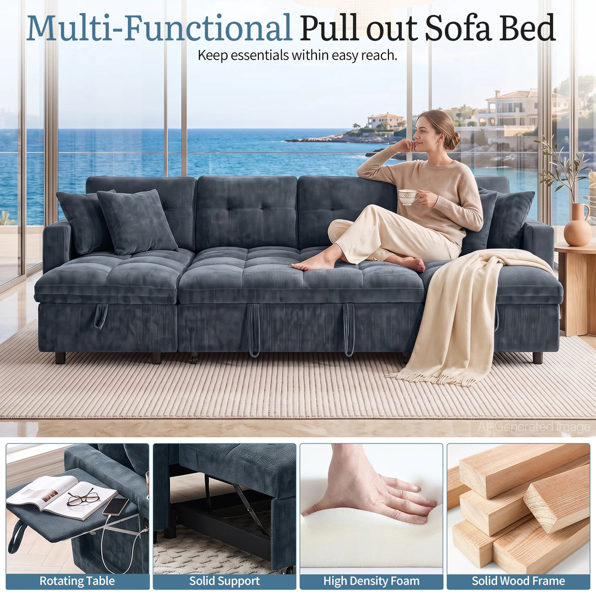 Convertible U-Shaped Sleeper Sofa, 107.8" 2-in-1 Pull Out Bed Sectional with Double Storage Chaise, Charging Station and Cup Holders, Chenille Fabric Couch for Living Room, Blue