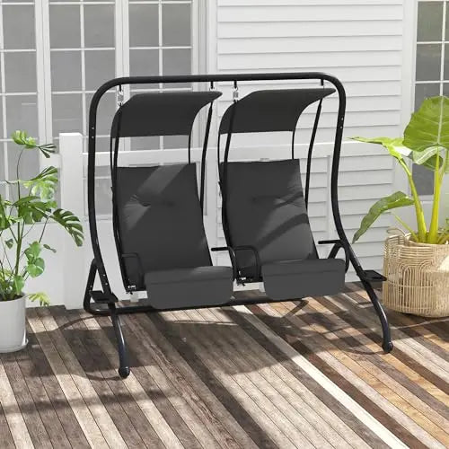 Gray Two-Seat Outdoor Hanging Swing With Adjustable Canopy And Side Cup Holders For Deck Garden Or Pool Area