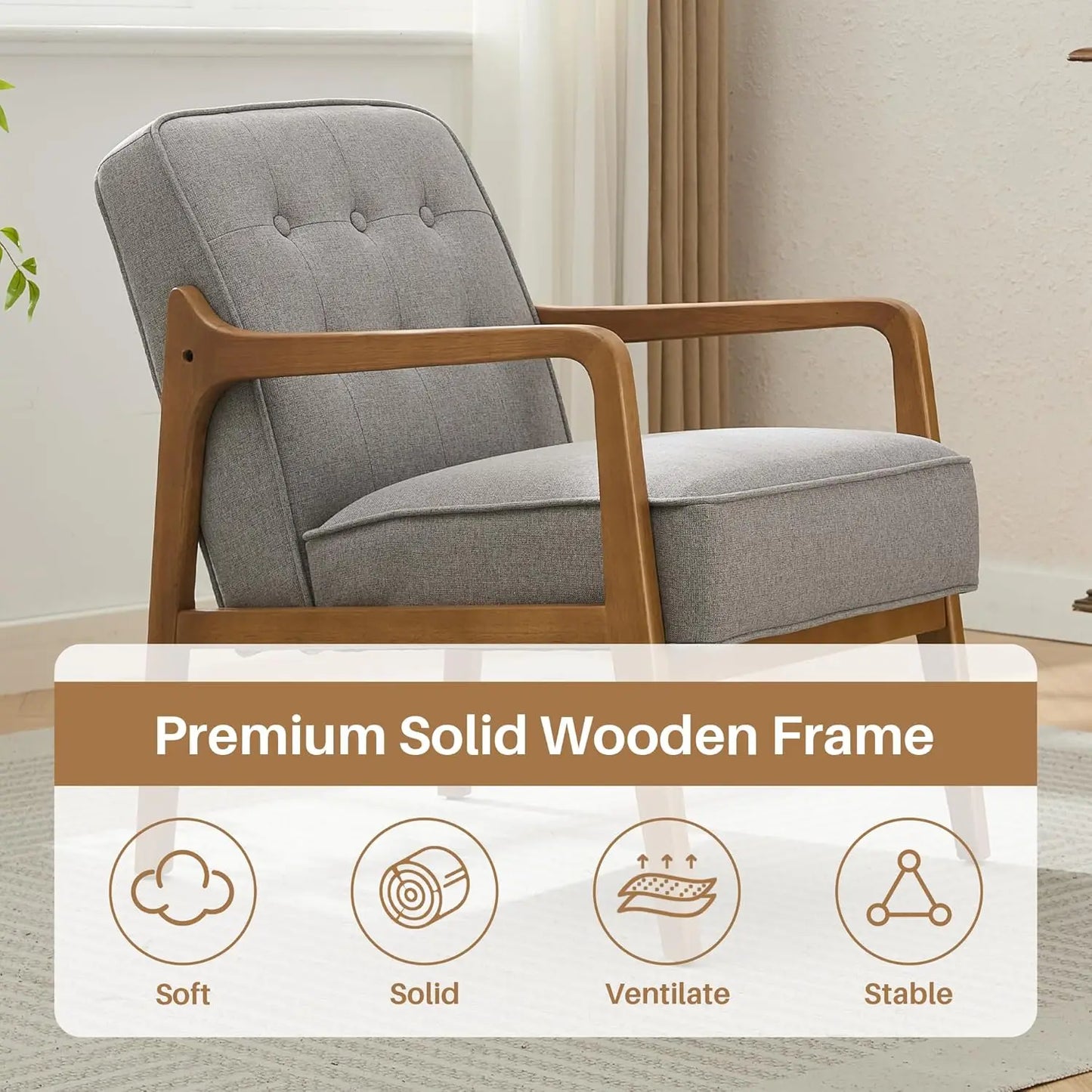 Linen Accent Chair, Mid Century Modern Chair for Living Room, Upholstered Comfy Lounge Armchair with Solid Wood, Customized