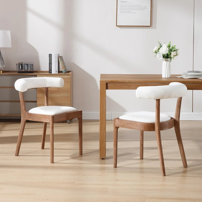 Set of 2 Linen Dining Room Side Chairs with Curved Open Upholstered Back,White