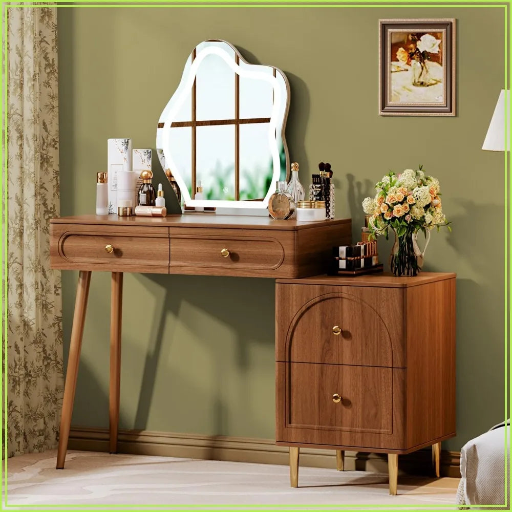 Corner Makeup Vanity Desk with Lighted Mirror & 4 Drawers, Modern Dressing Table for Bedroom