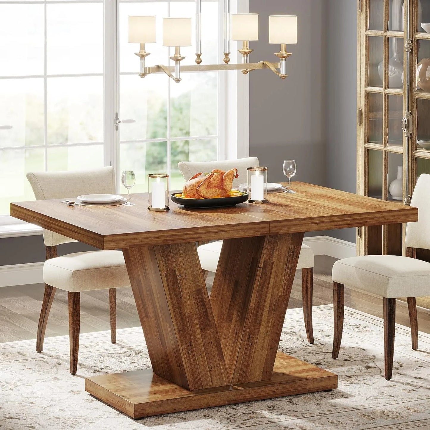 LITTLE TREE 47-Inch Dining Table for 4,Dinner Table with Heavy Duty Pedestal, Farmhouse Eating Table for Home, Dining Room