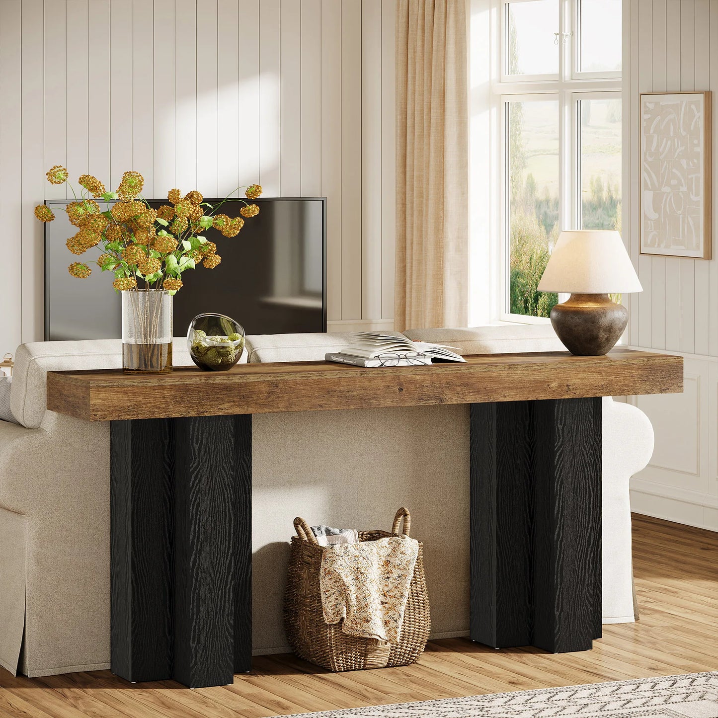 Tribesigns 63-Inch Console Table for Entryway, Farmhouse Entryway Table with Sturdy Legs, Narrow Long Sofa Console Behind Couch for Living Room, Hallway, Foyer, Rustic Brown and Black