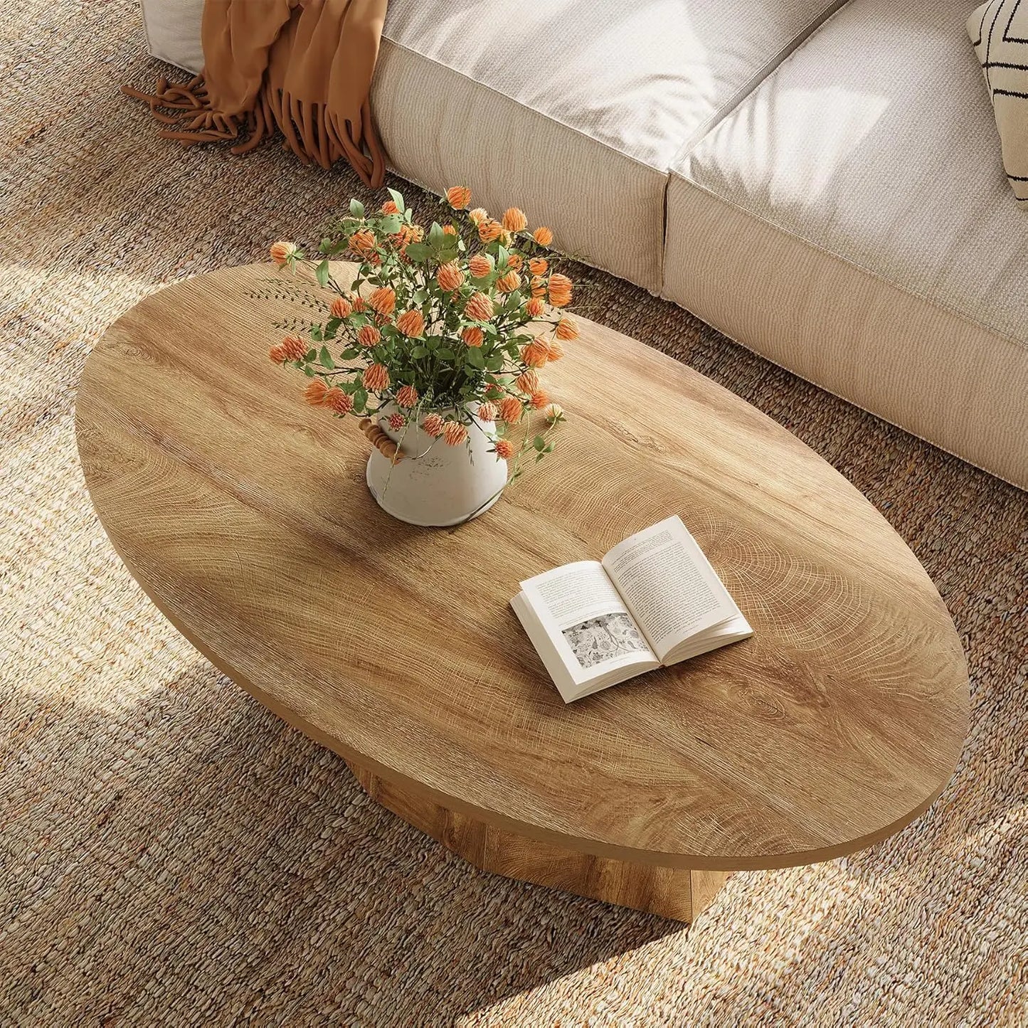 Oval Coffee Table, 47-Inch Living Room Table with Polygonal Pedestal, Modern Center Accent Furniture,Easy Assembly, Yellowish Brown