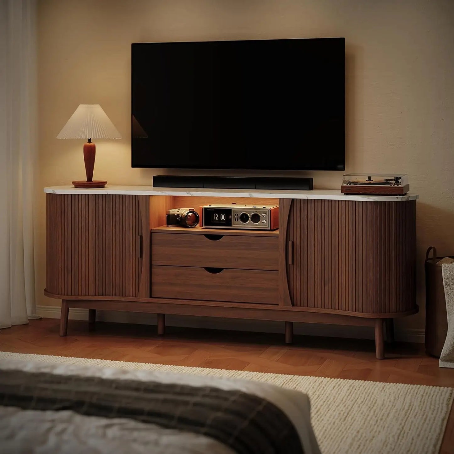 70-inch Fluted TV Stand Entertainment Center for TVs up to 80", Mid-Century Modern Bean-Shaped Console with USB/Outlet, LED Lights & Storage - for Living Room, Bedroom (Black/Walnut)