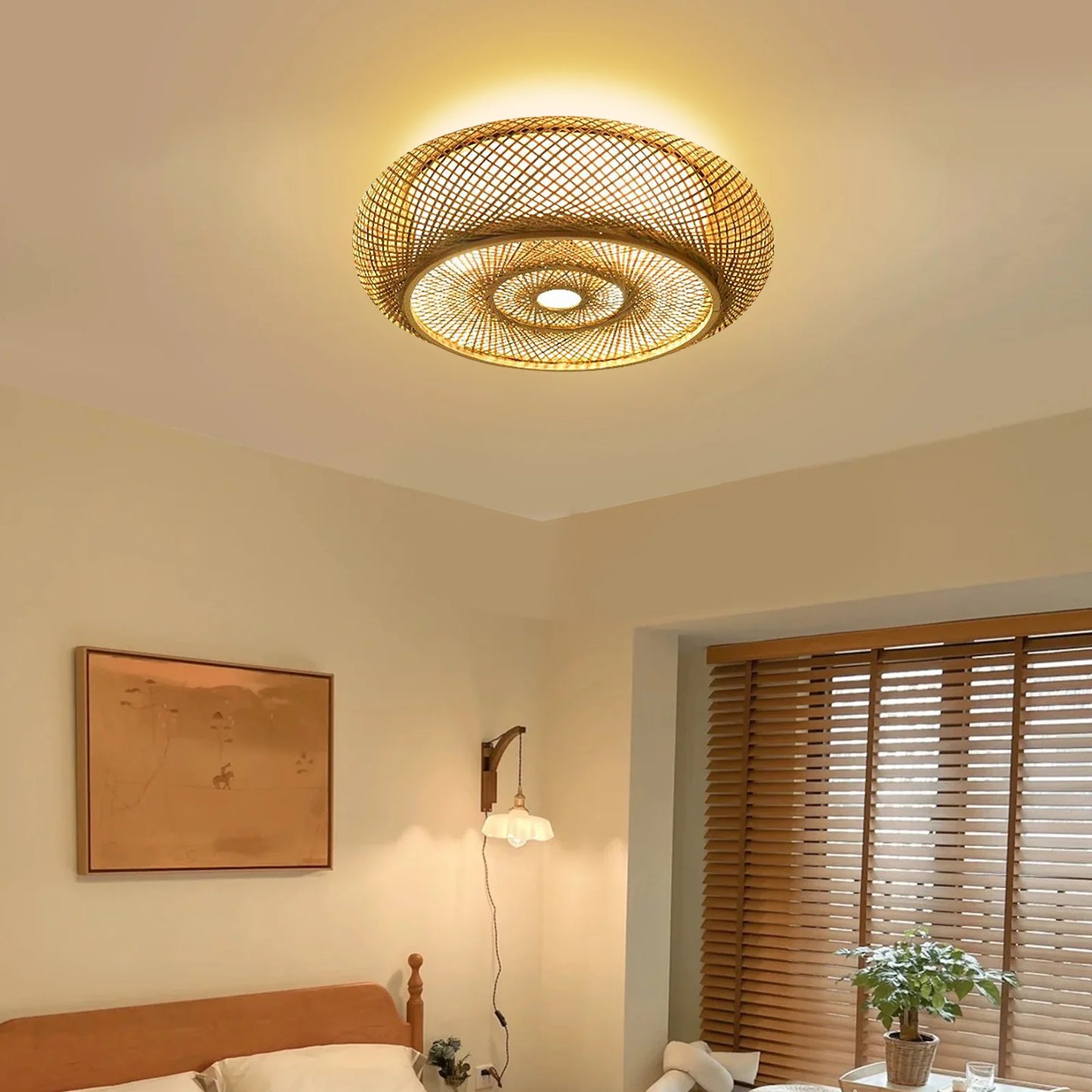 50cm Bamboo Woven Ceiling Light - 48W LED Drum Pendant Lamp, E26 Base for Living Room/Bedroom, 110V Natural Style
