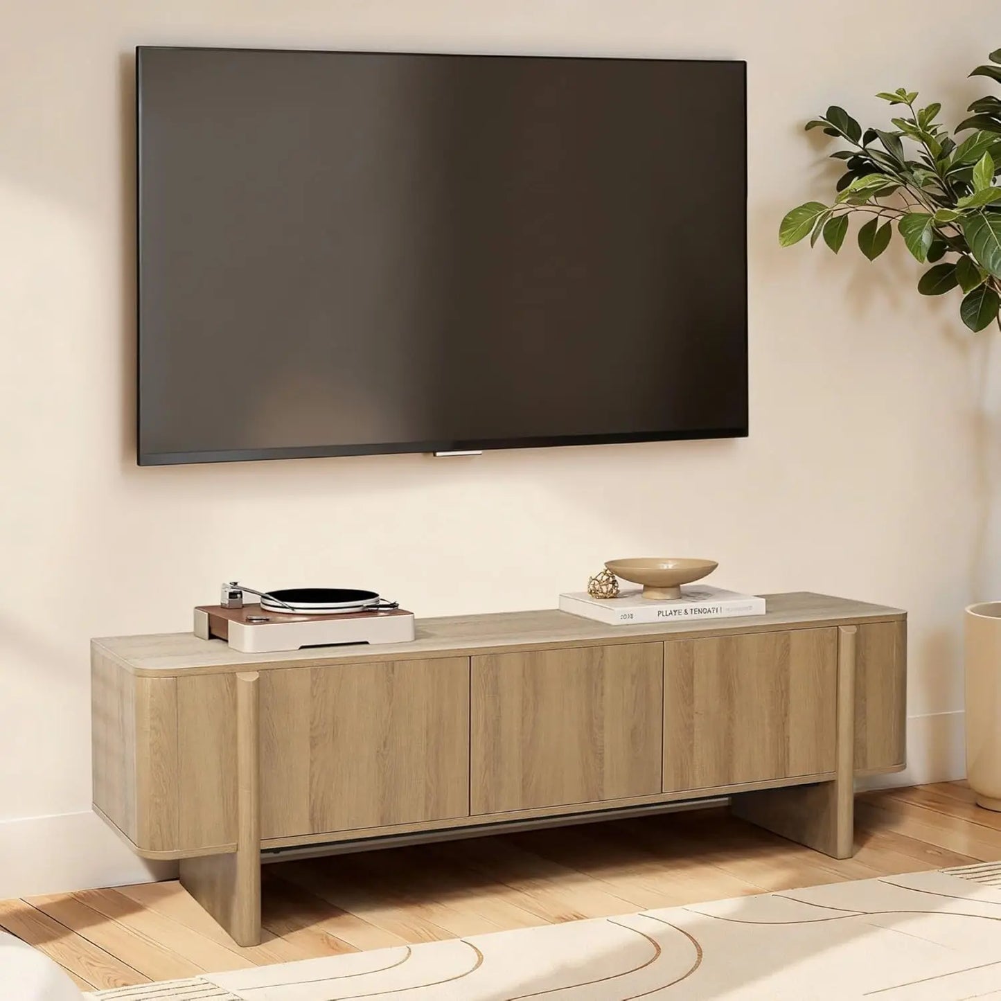 Oak TV Stand Media Console With Low Profile Storage