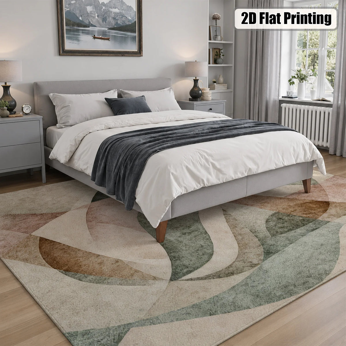 Large Indoor Area Rug, Soft Velvet Low Pile Non-Slip Dotted Backing Machine Washable, Modern Abstract Curved Pattern Rug for Living Room Bedroom, Muted Sage Blush Beige Earth Tones
