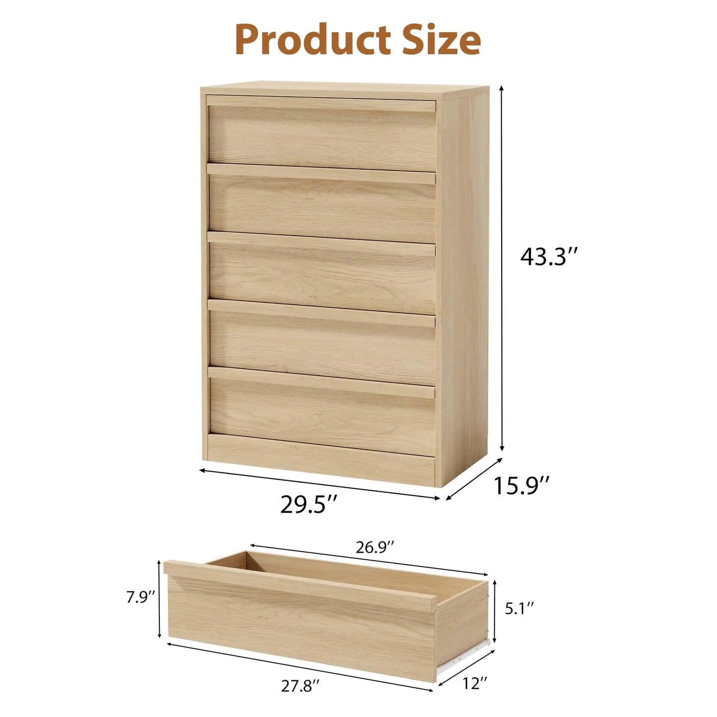 5 Drawer Dresser For Bedroom, 43.3in Tall Wooden Storage Chest With Deep Drawers, Modern Closet Cabinet For Living Room Entryway Hallway