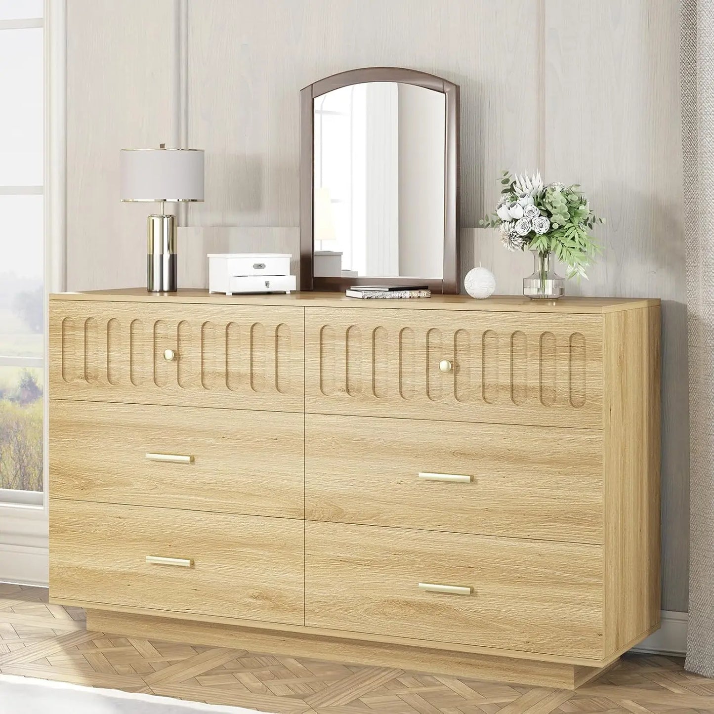 Farmhouse 6-Drawer Wood Dresser Fluted Anti-Tip Bedroom Living Room Hallway Entryway Nursery Rustic Oak, Customized