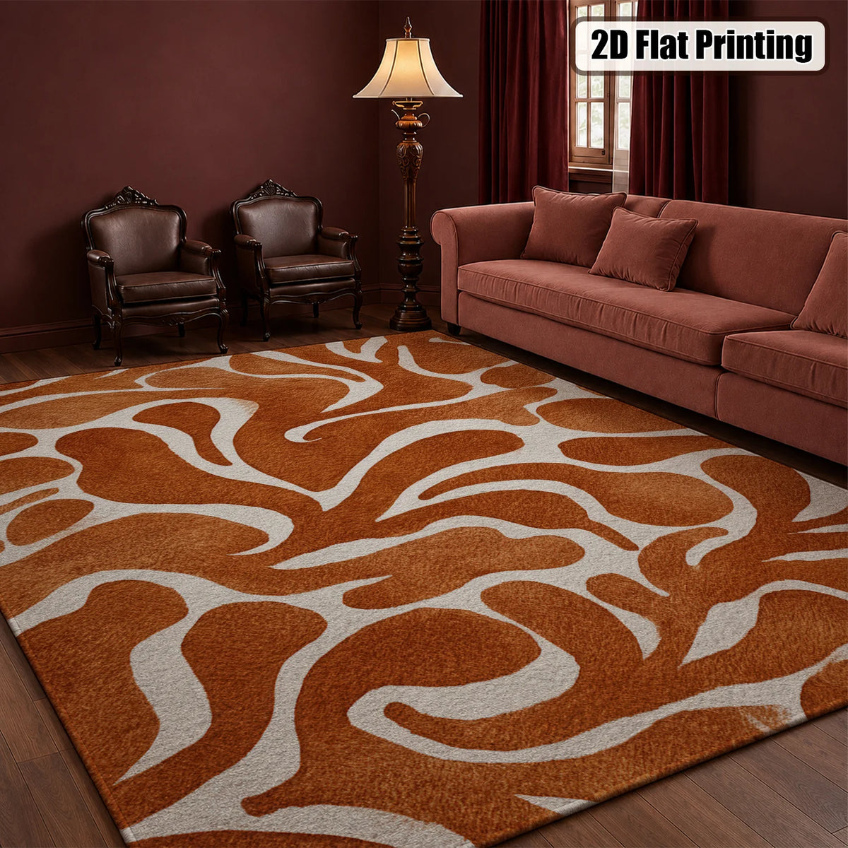 Large Indoor Area Rug, Soft Velvet Low Pile Floor Rug with Non-Slip Dotted Backing, Machine Washable Warm Terracotta Abstract Organic Pattern for Living Room, Bedroom, Entryway