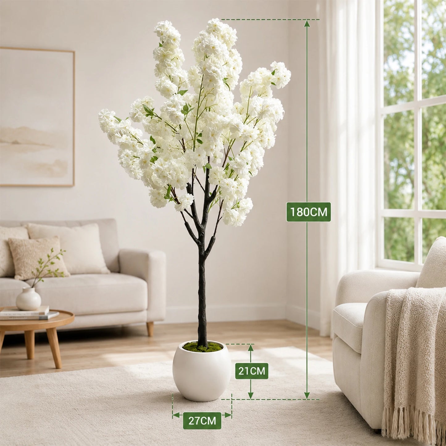 White Artificial Cherry Blossom Tree 5/6FT – Faux Silk Plant Potted, Lifelike Decorative Flower Tree for Indoor/Outdoor, Home, Office, Wedding, Party & Hotel