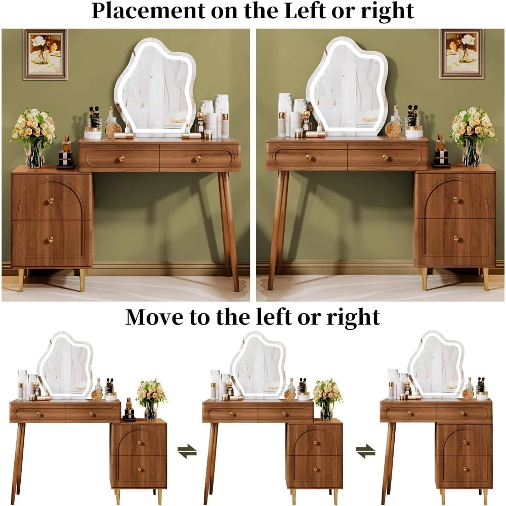 Corner Makeup Vanity Desk with Lighted Mirror & 4 Drawers, Modern Dressing Table for Bedroom