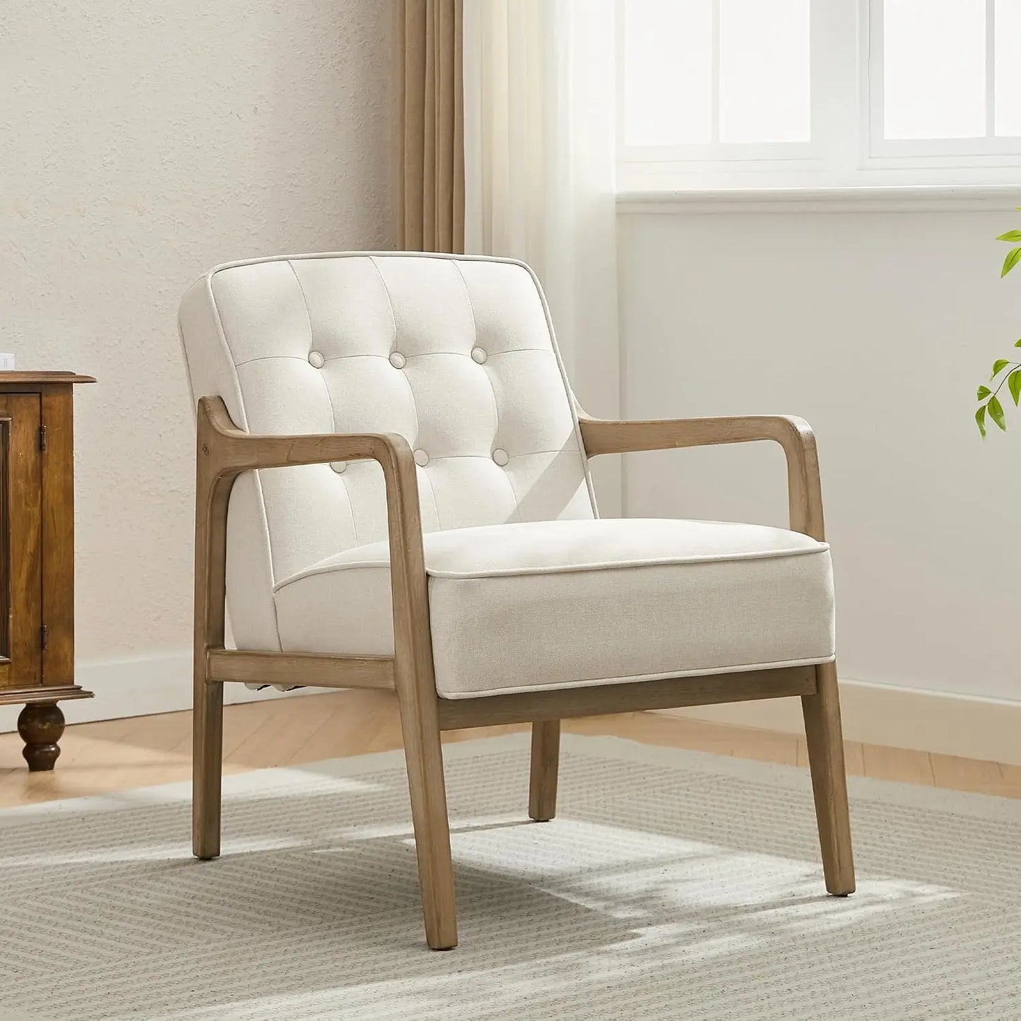 Linen Accent Chair, Mid Century Modern Chair for Living Room, Upholstered Comfy Lounge Armchair with Solid Wood, Customized