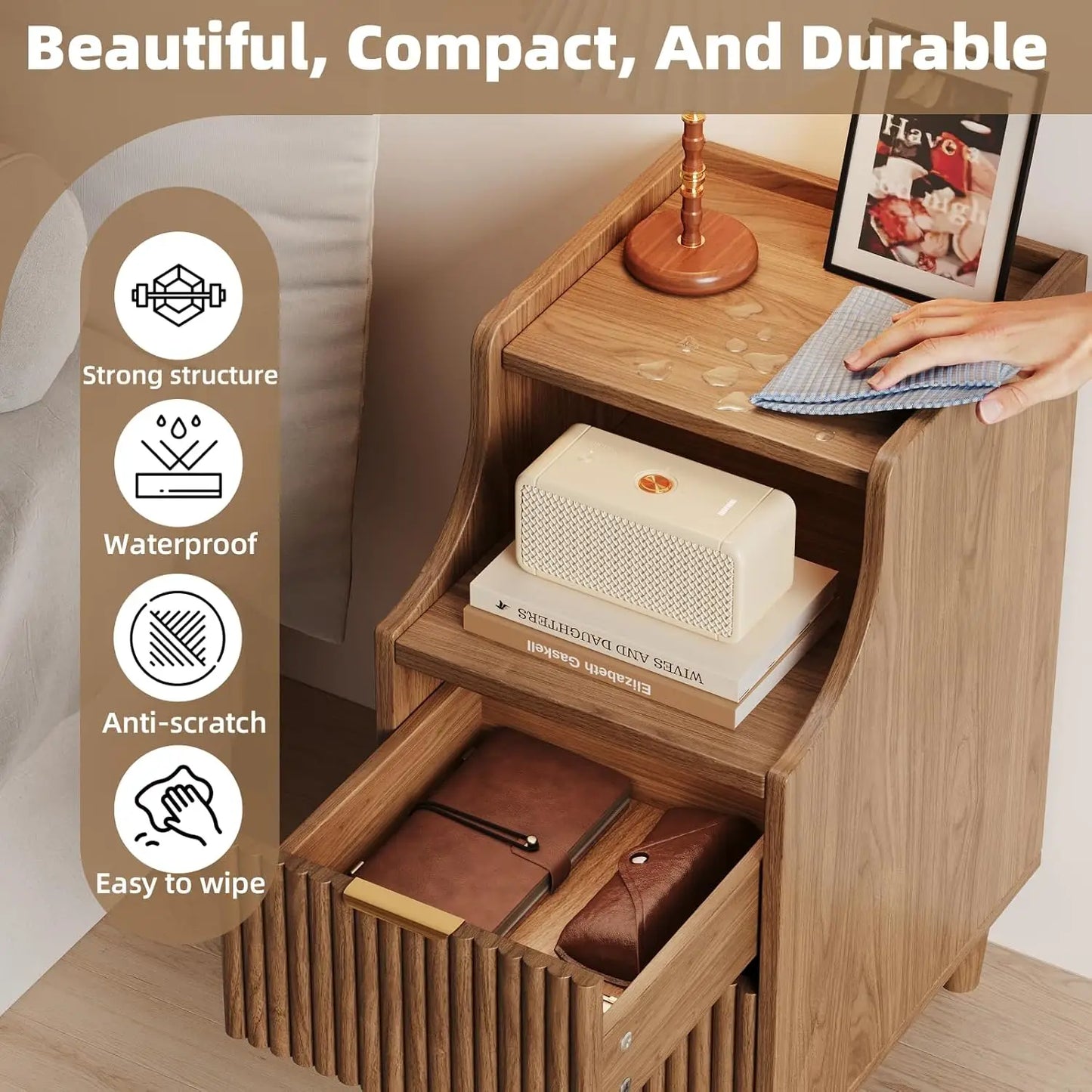 Narrow Nightstand Set of 2,11.8" Fluted Bedside Table Set of 2, Slim Side End Table with 2 Drawers, Wooden Bedside, Customized