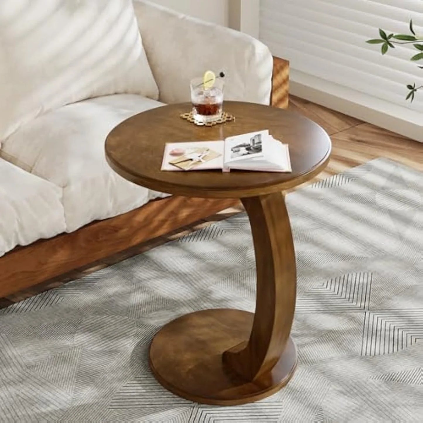 Round End/Side Table, Wooden C-Shaped End Table, Mid-Century End Table, Boho Side Table for Living Room & Bedroom