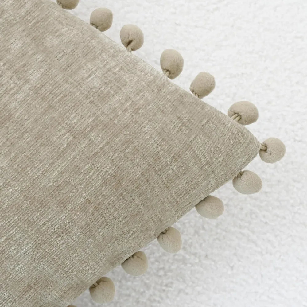 Cozy Chenille Throw Pillow Covers 20x12 Inch Set of 2 with Pom Poms for Couch Sofa Bed Taupe
