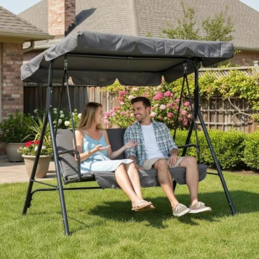 3-Person Outdoor Porch Swing Chair with Adjustable Canopy, Breathable Fabric Seat and Backrest, Armrests, Heavy-Duty Frame, 600