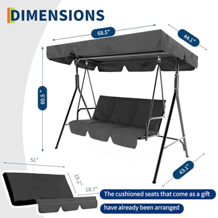 3 Seat Outdoor Porch Patio Swing with Stand and Adjustable Canopy, 800lbs Patio Chairs Porch Swing with Adjustable Tilt Shade f