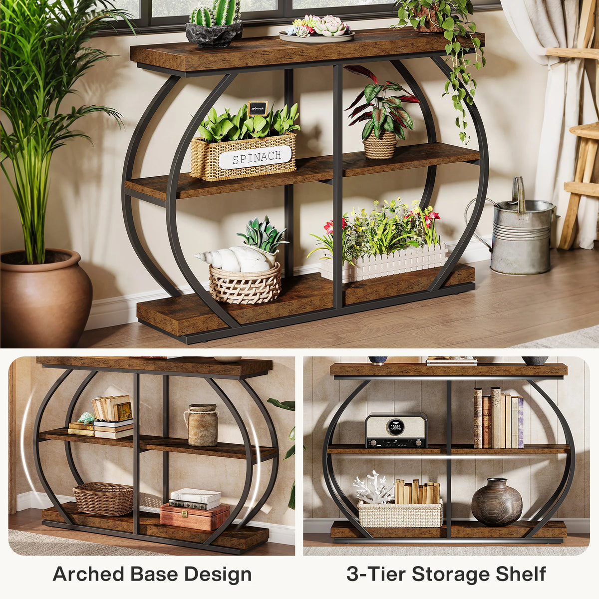 Tribesigns Industrial Console Table with Three Tier Storage Shelves