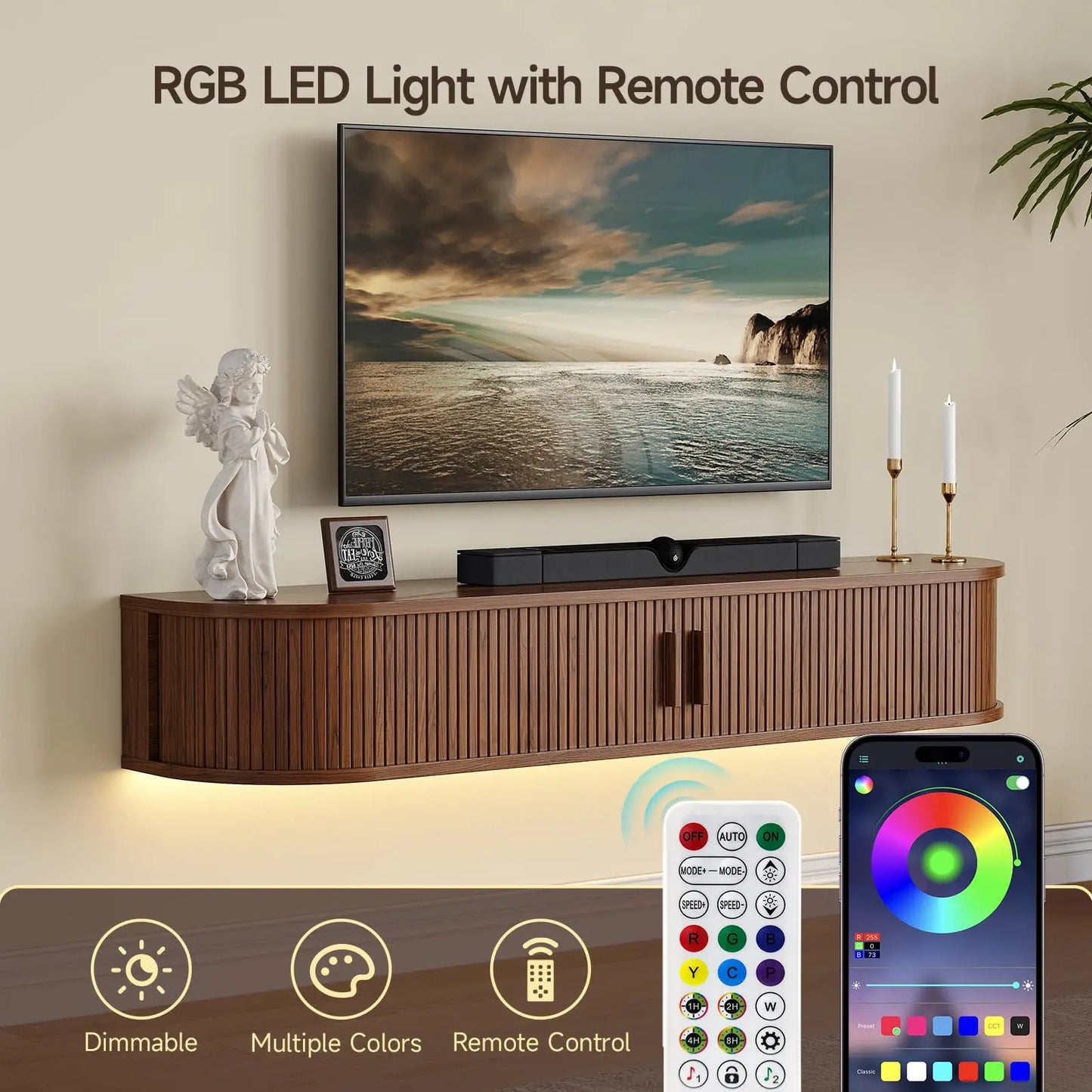 Floating TV Stand with Power Outlet for TVs up to 95 Inch, Wall Mounted TV Stand with LED Lights and Remote, Fluted Entertainment Center, Mid Century Modern TV Console Media Storage Cabinet with Sliding Door, Black