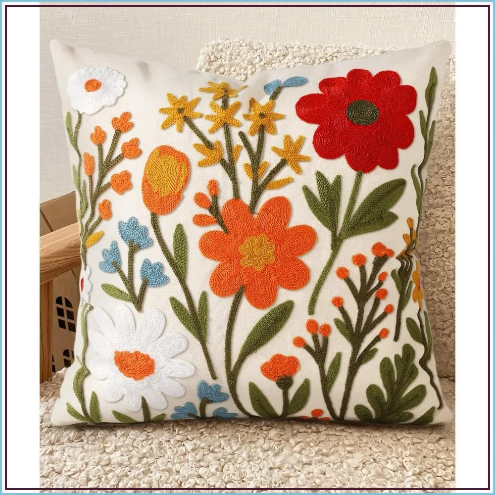 Boho Embroidered Pillow Cover 18x18 - Spring Summer Floral Cushion Case with Zipper for Couch Sofa