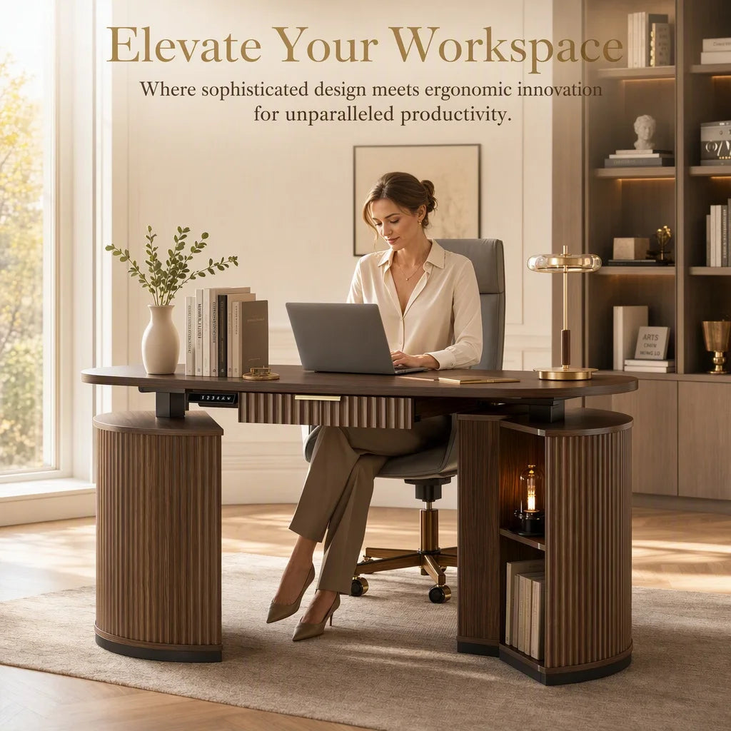 Electric Standing Desk with Storage Drawers, 63'' Executive Height Adjustable Desk with Privacy Panel and Shelves, Wood Fluted Computer Desk for Home Office