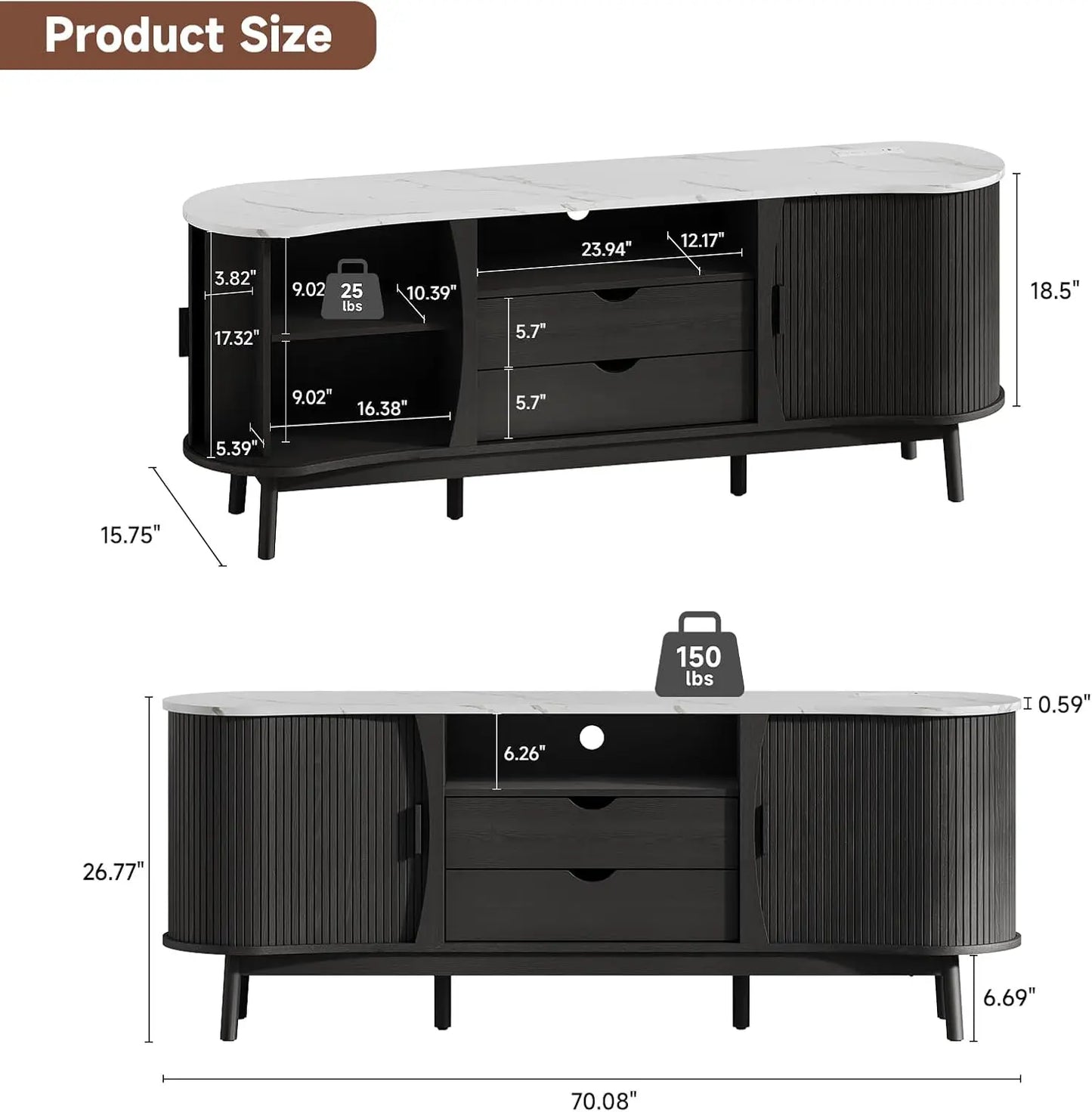 70-inch Fluted TV Stand Entertainment Center for TVs up to 80", Mid-Century Modern Bean-Shaped Console with USB/Outlet, LED Lights & Storage - for Living Room, Bedroom (Black/Walnut)