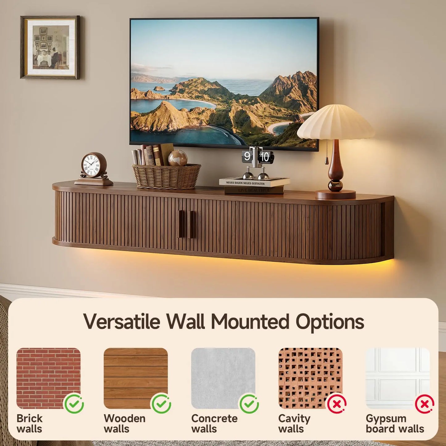 Floating TV Stand with Power Outlet for TVs up to 95 Inch, Wall Mounted TV Stand with LED Lights and Remote, Fluted Entertainment Center, Mid Century Modern TV Console Media Storage Cabinet with Sliding Door, Black