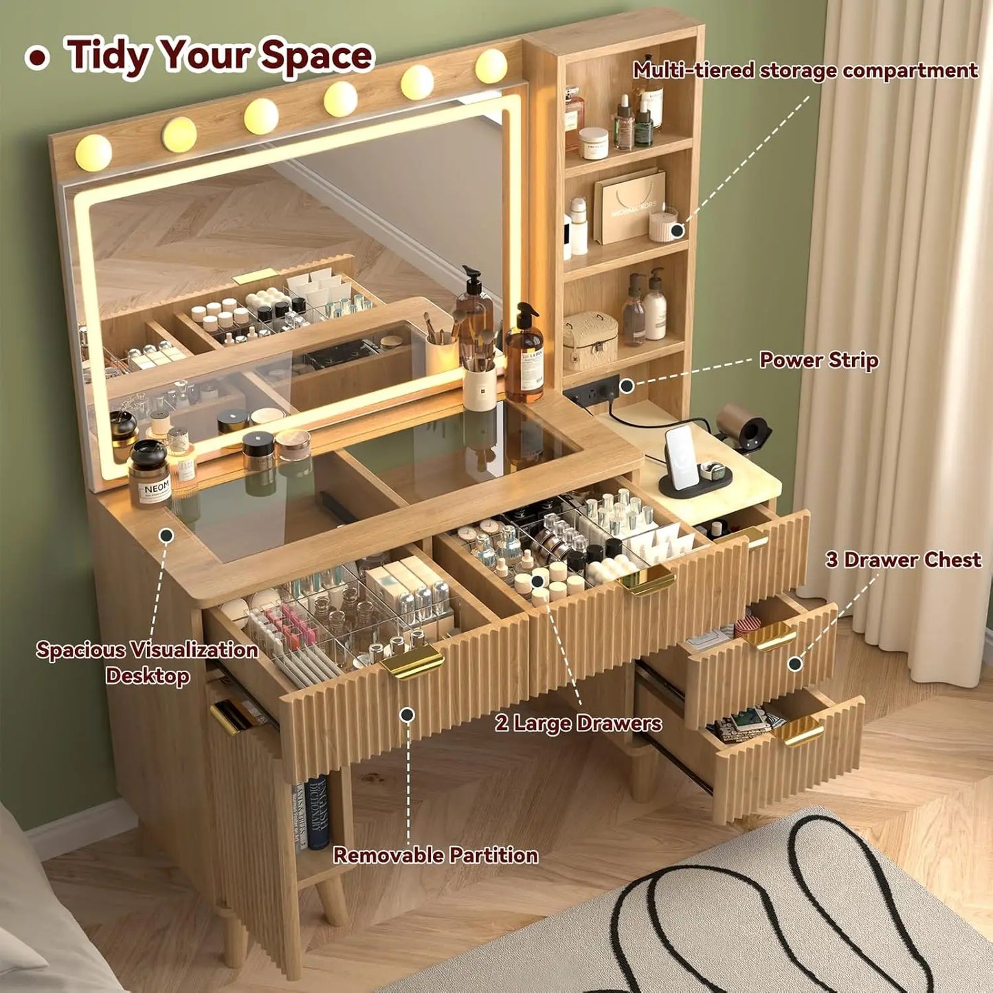 47" Fluted Makeup Vanity Desk with 32" Mirror & Lights Charging Station Glass Top 5 Drawers 2 Cabinets Bedroom, Customized
