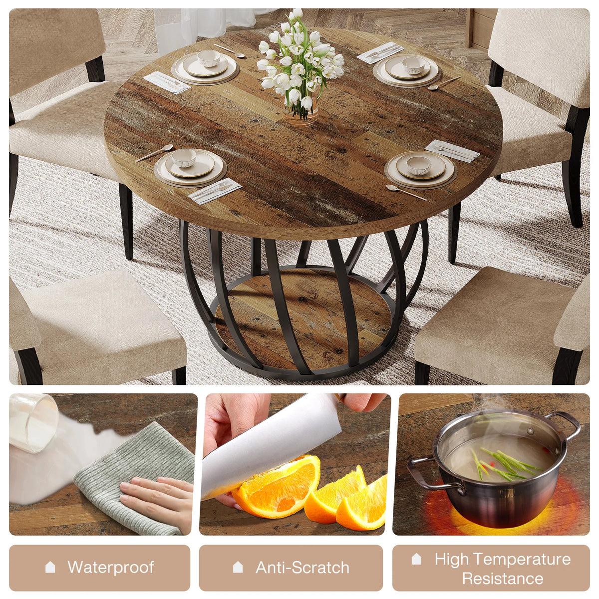 Tribesigns Round Wood Dining Kitchen Table with Sturdy Metal Base
