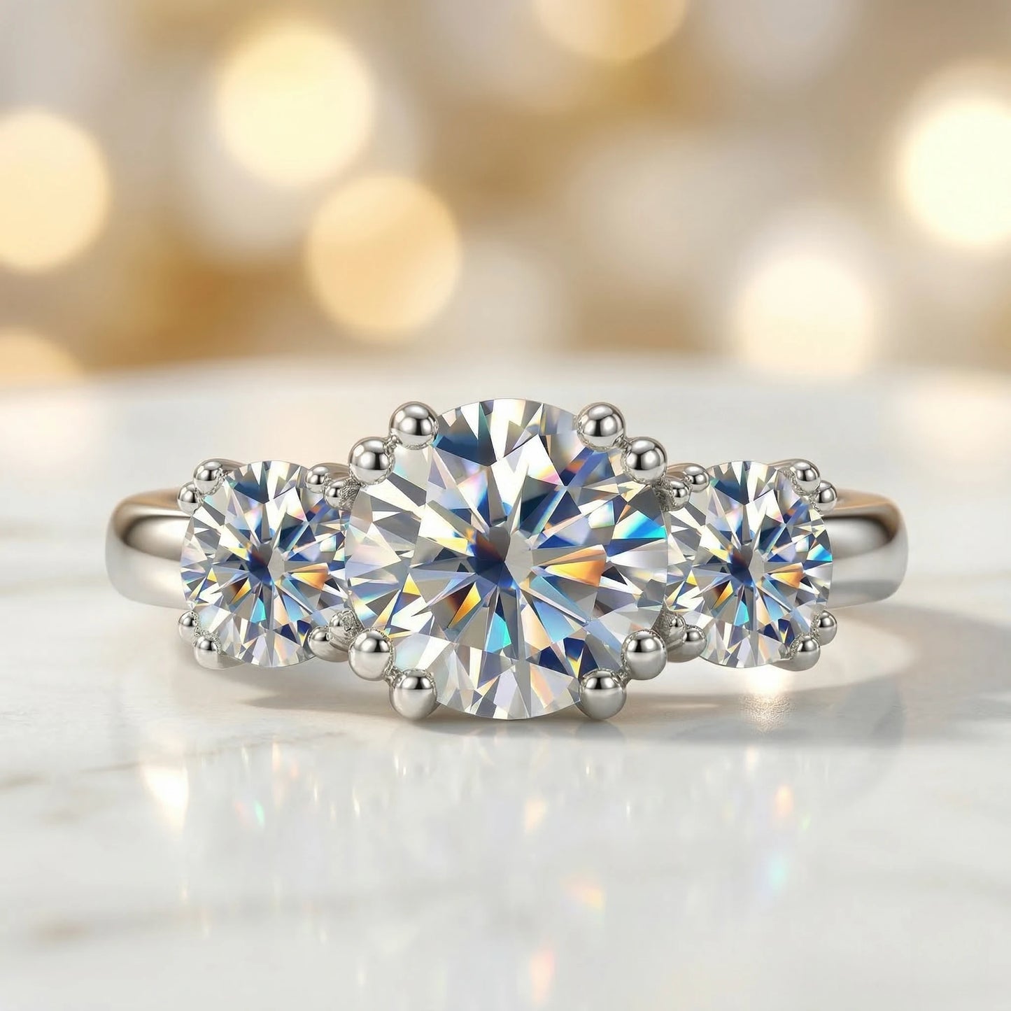 Moissanite Three Stone Ring In Sterling Silver With Gold Plating