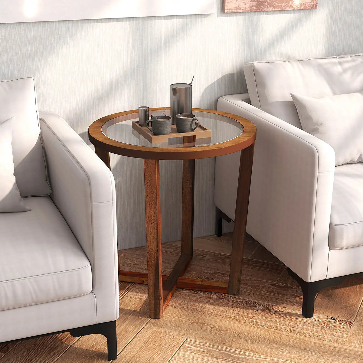 Homasis Modern Round End Table Featuring Tempered Glass Top